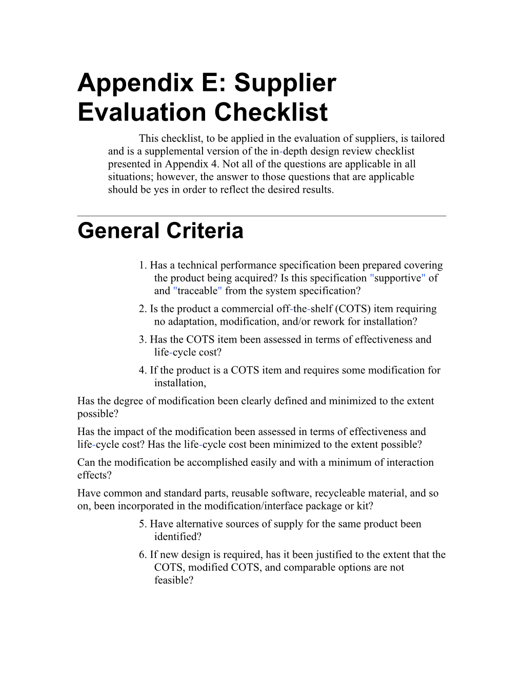 Appendix E: Supplier Evaluation Checklist