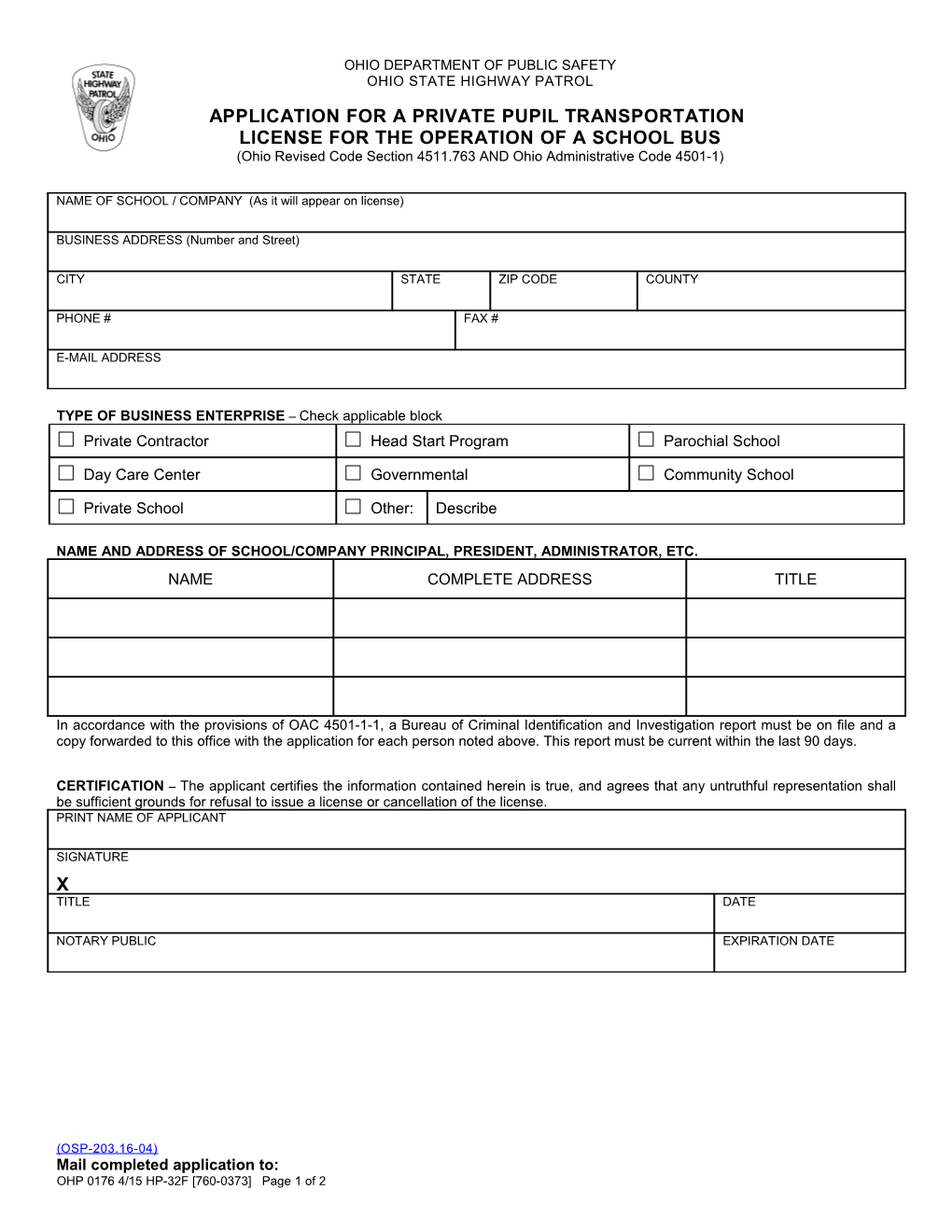 State of Ohio Department of Public Safety Hp 32F Hp-0176-00 Application for License To