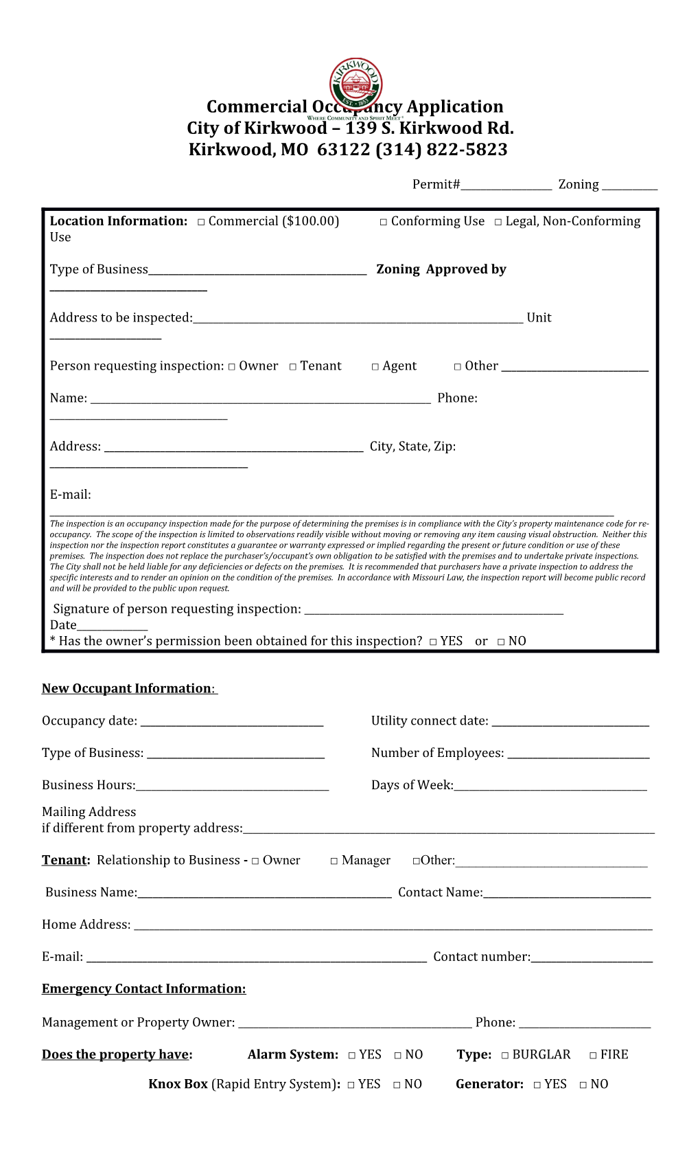 Commercial Occupancy Application