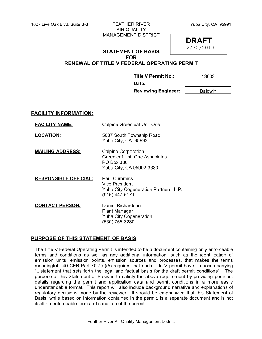 Renewal of Title V Federal Operating Permit No. 13003 Page 3