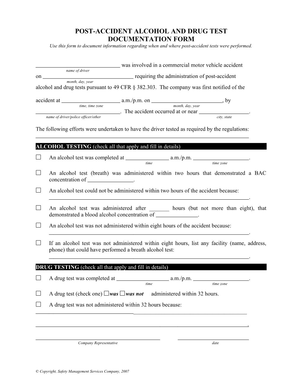Post-Accident Alcohol and Drug Test Documentation Form
