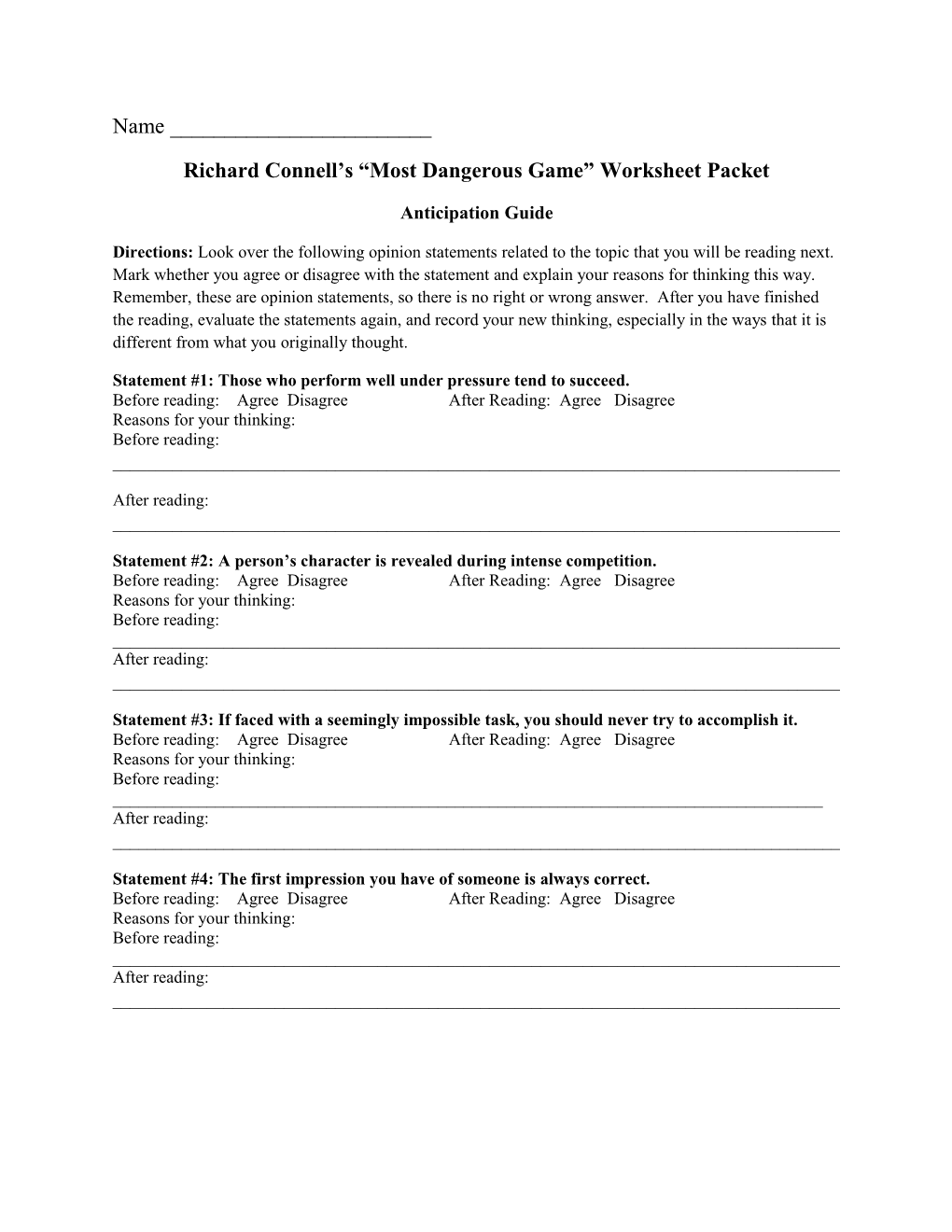 Richard Connell S Most Dangerous Game Worksheet Packet