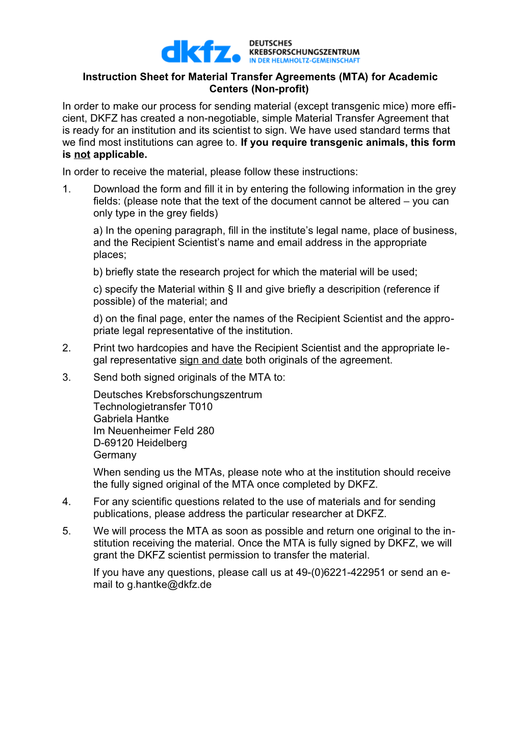 Instruction Sheet for Material Transfer Agreements (MTA) for Academic Centers (Non-Profit)