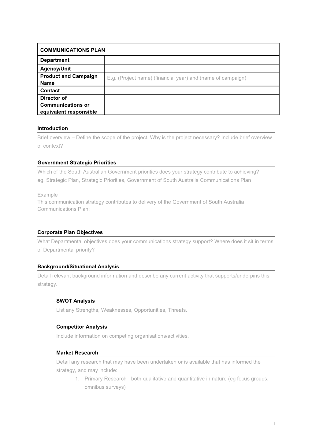 Comms Plan Template