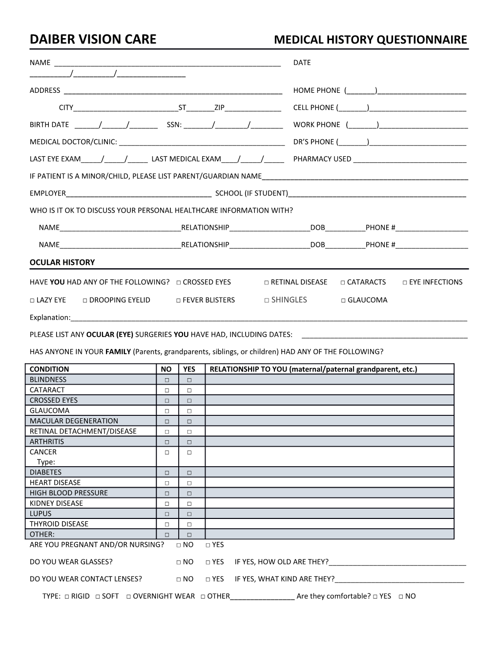 Daiber Vision Care Medical History Questionnaire