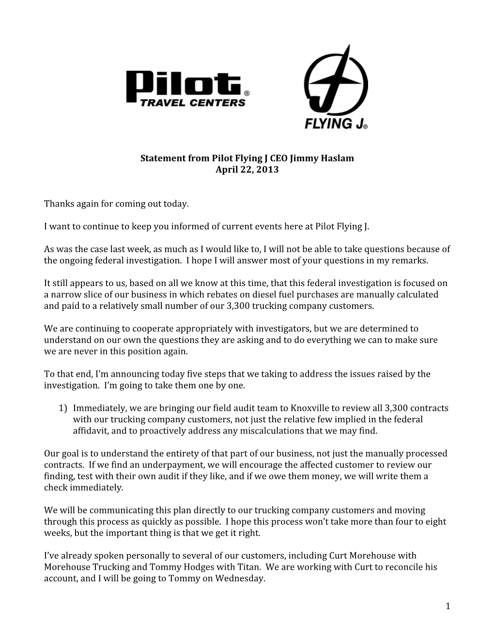 Statement from Pilot Flying J CEO Jimmy Haslam
