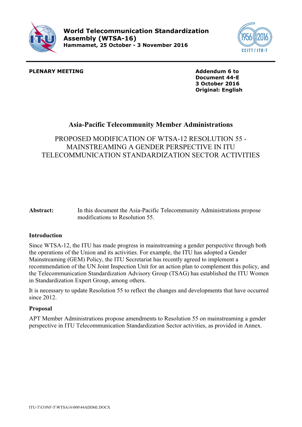 Mainstreaming a Gender Perspective 1 in ITU Telecommunication Standardization Sector Activities