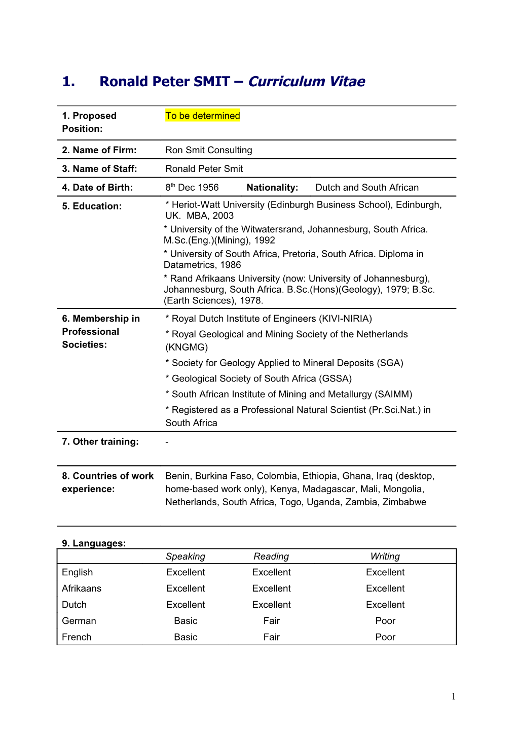 1. Ronald Peter SMIT Curriculum Vitae