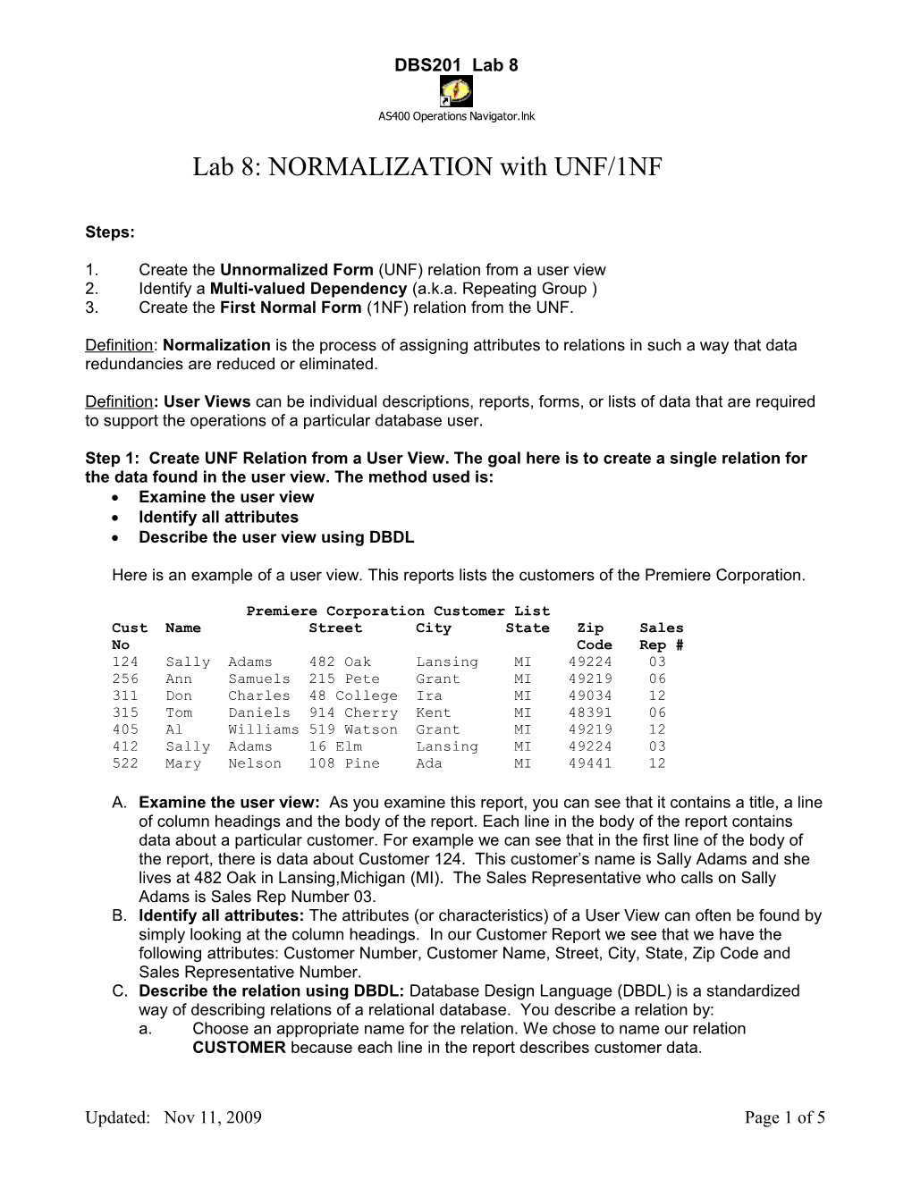 Lab 8: NORMALIZATION with UNF/1NF