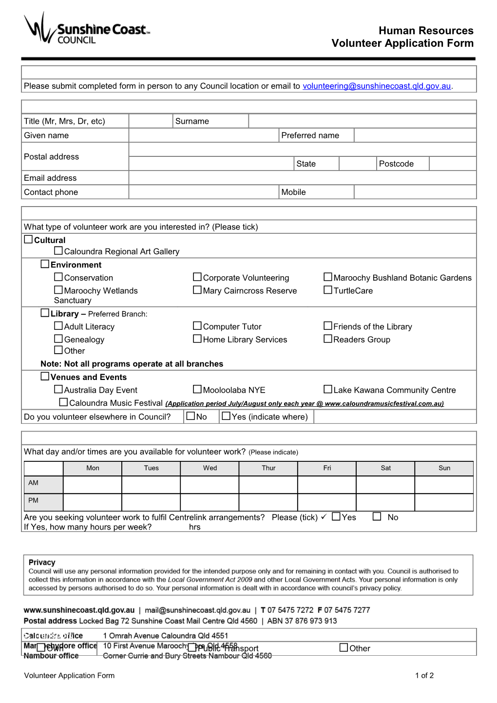 Volunteer Application Form1 of 2