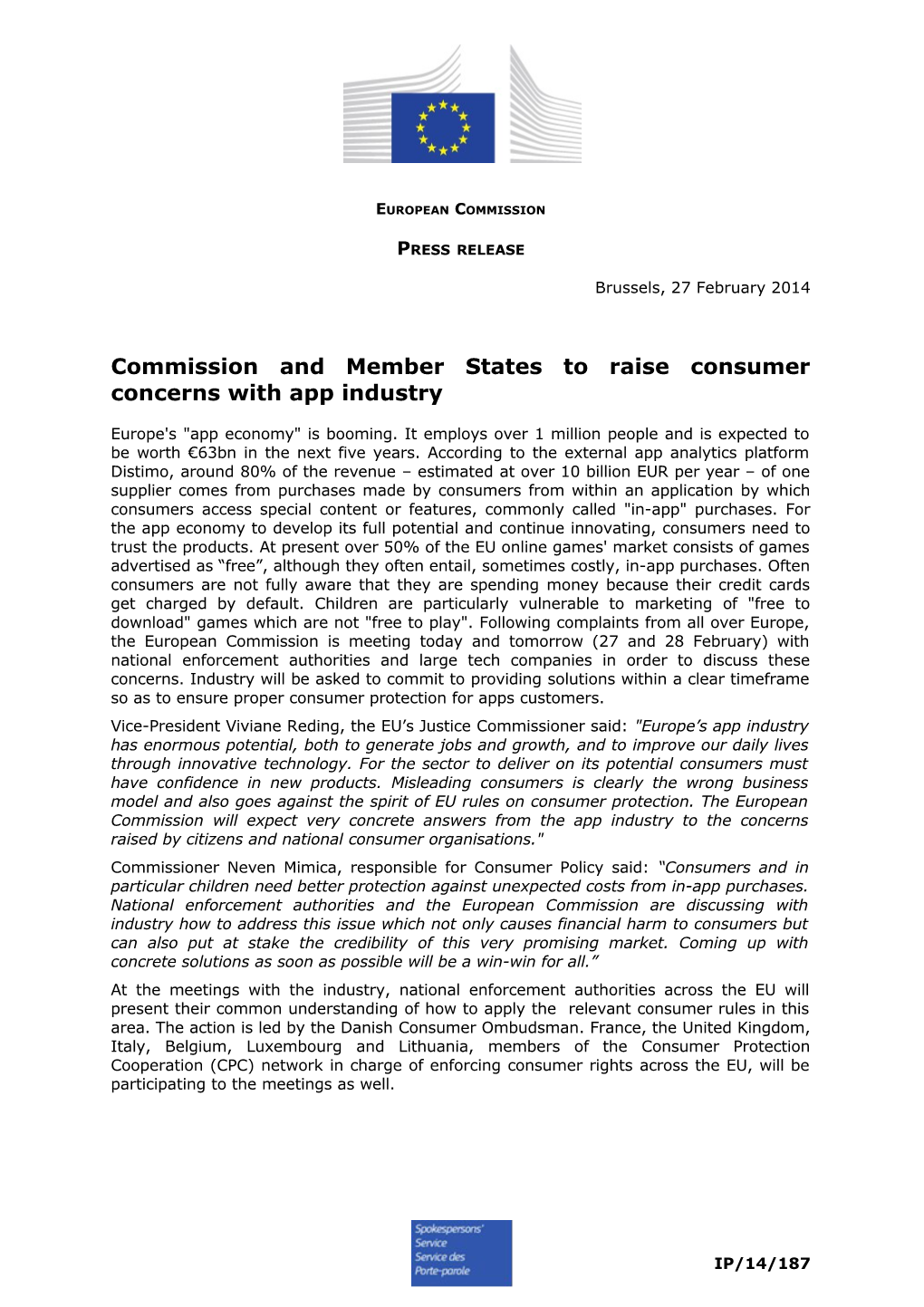 Commission and Member States to Raiseconsumer Concerns with App Industry