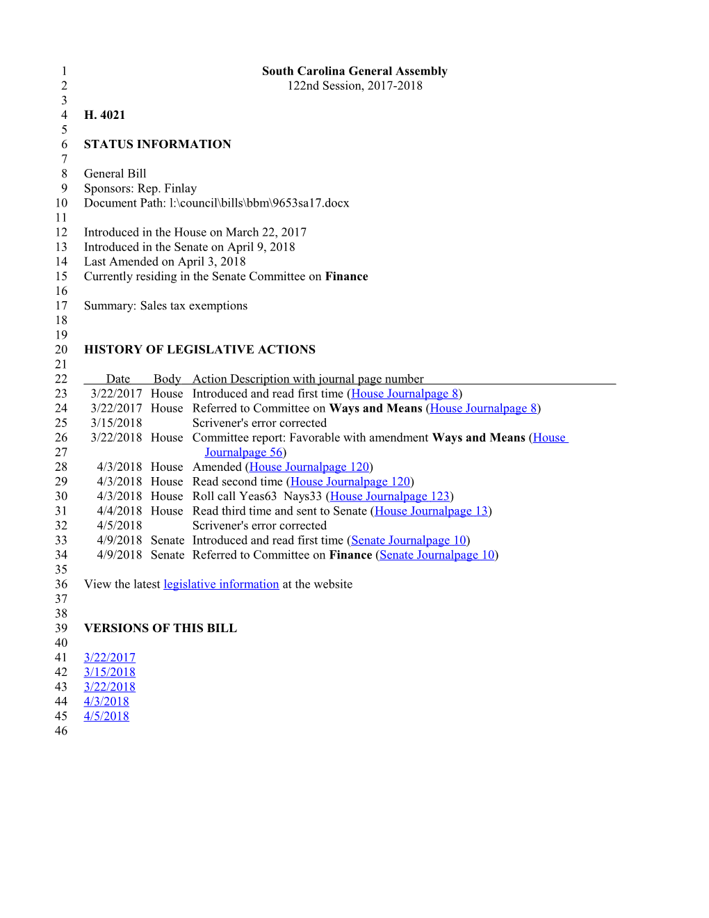 2017-2018 Bill 4021: Sales Tax Exemptions - South Carolina Legislature Online