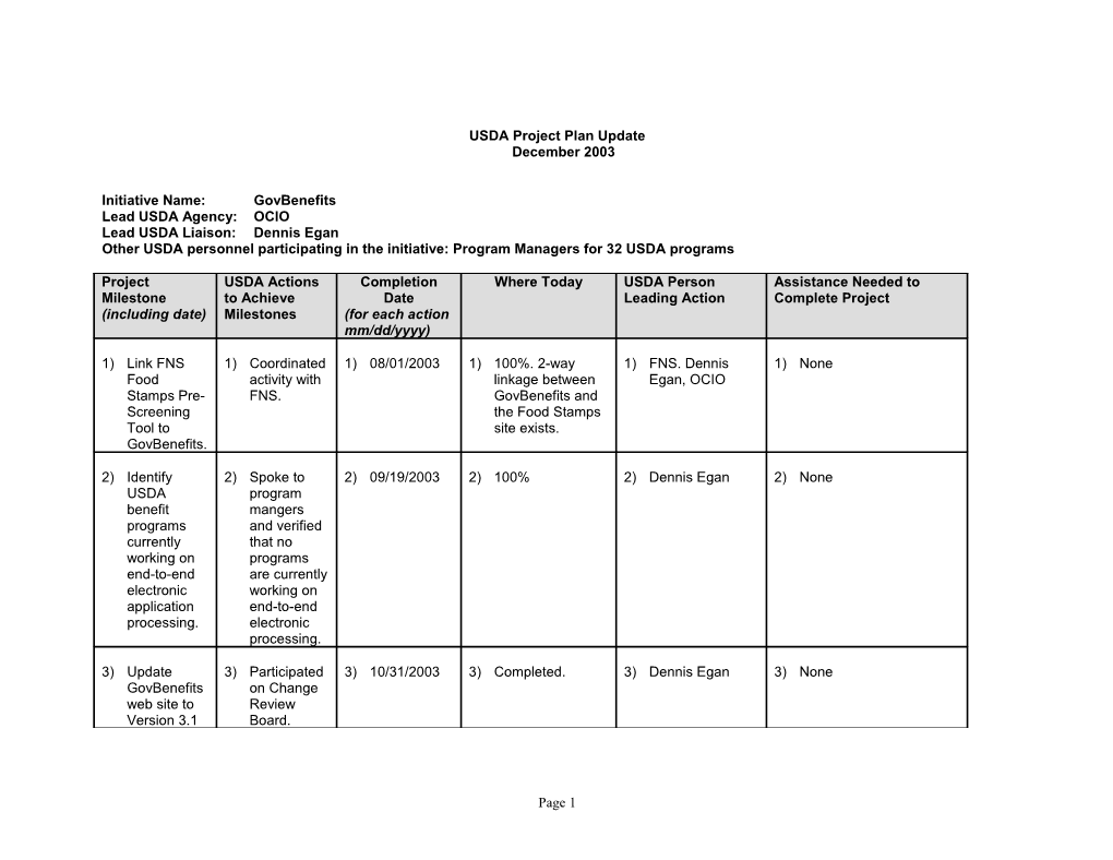 USDA Project Plan Update