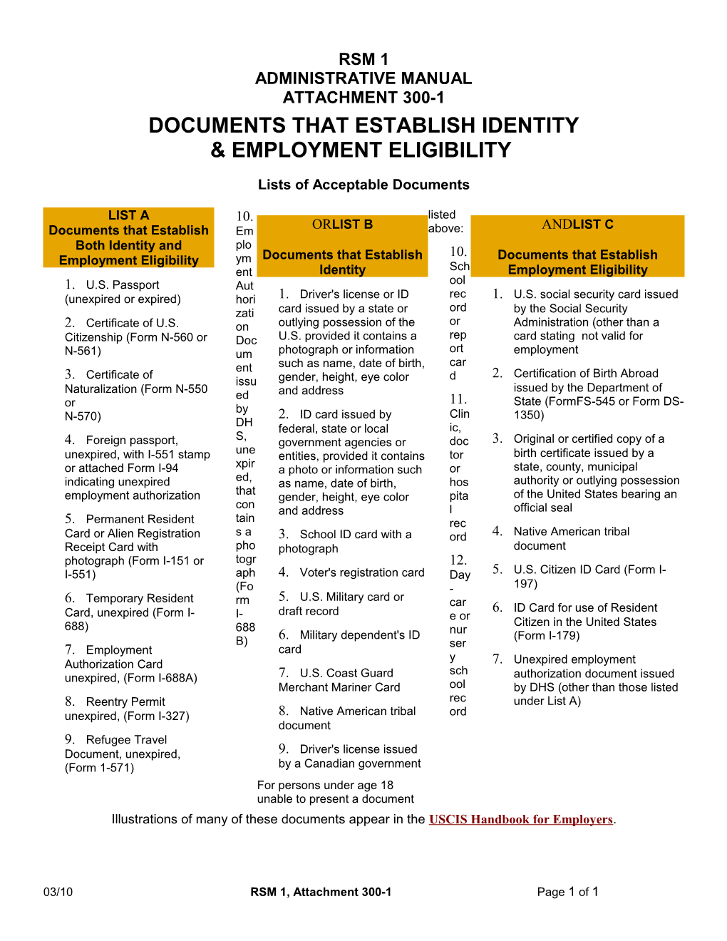 RSM 1, Attachment 300-1: Documents That Establish Identity and Employment Eligibility