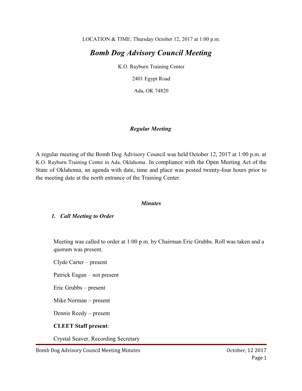 Bomb Dog Advisory Council Meeting