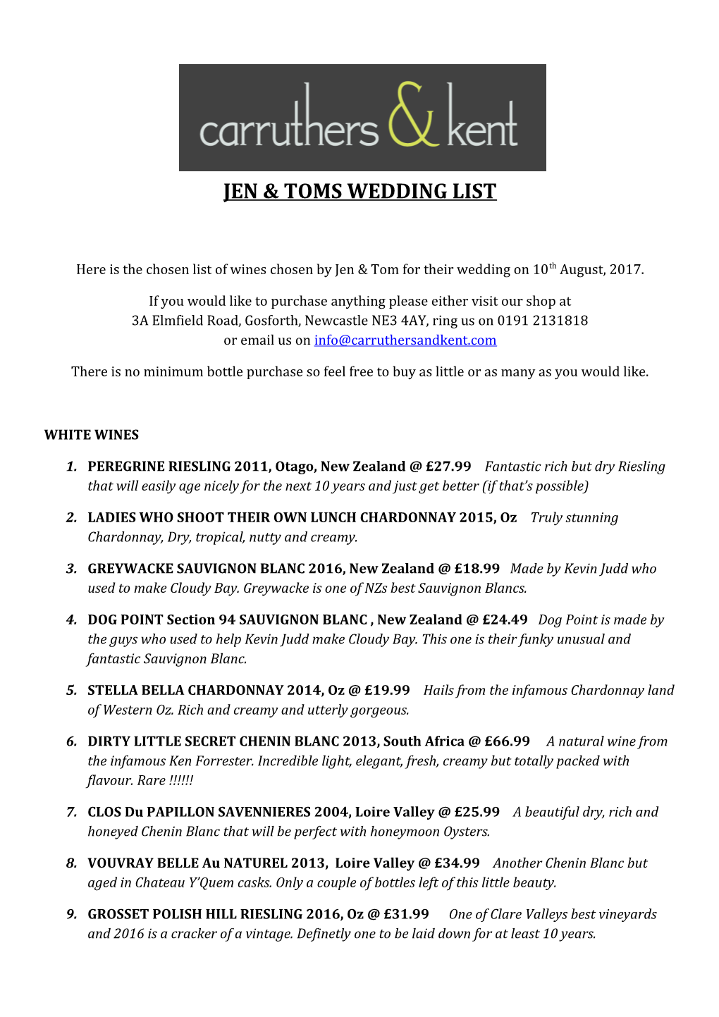Jen & Toms Wedding List
