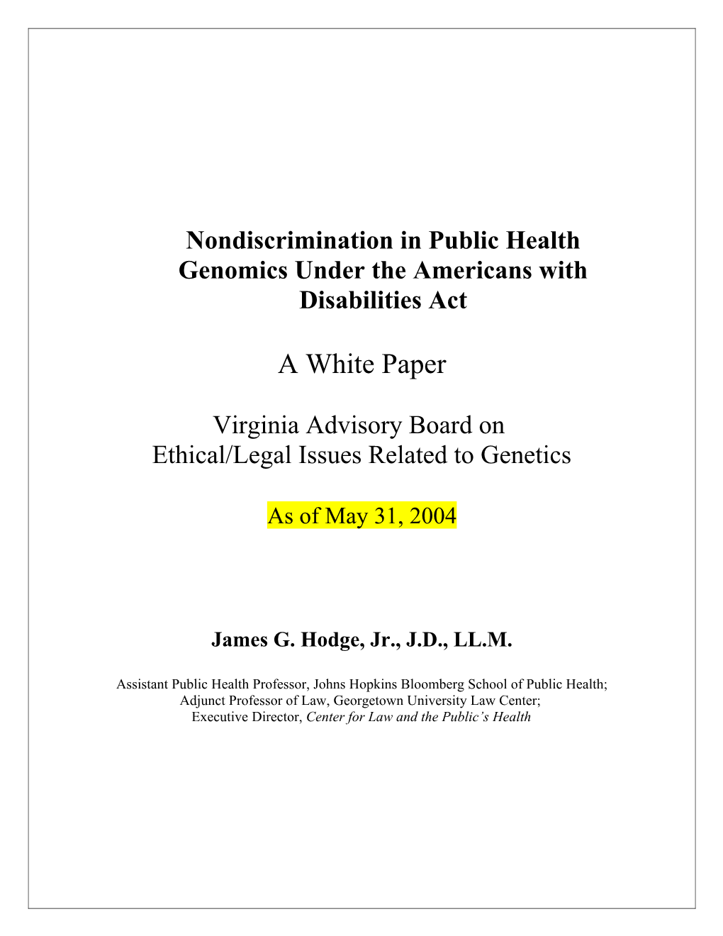 Nondiscrimination in Public Health Genomics Under the Americans with Disabilities Act