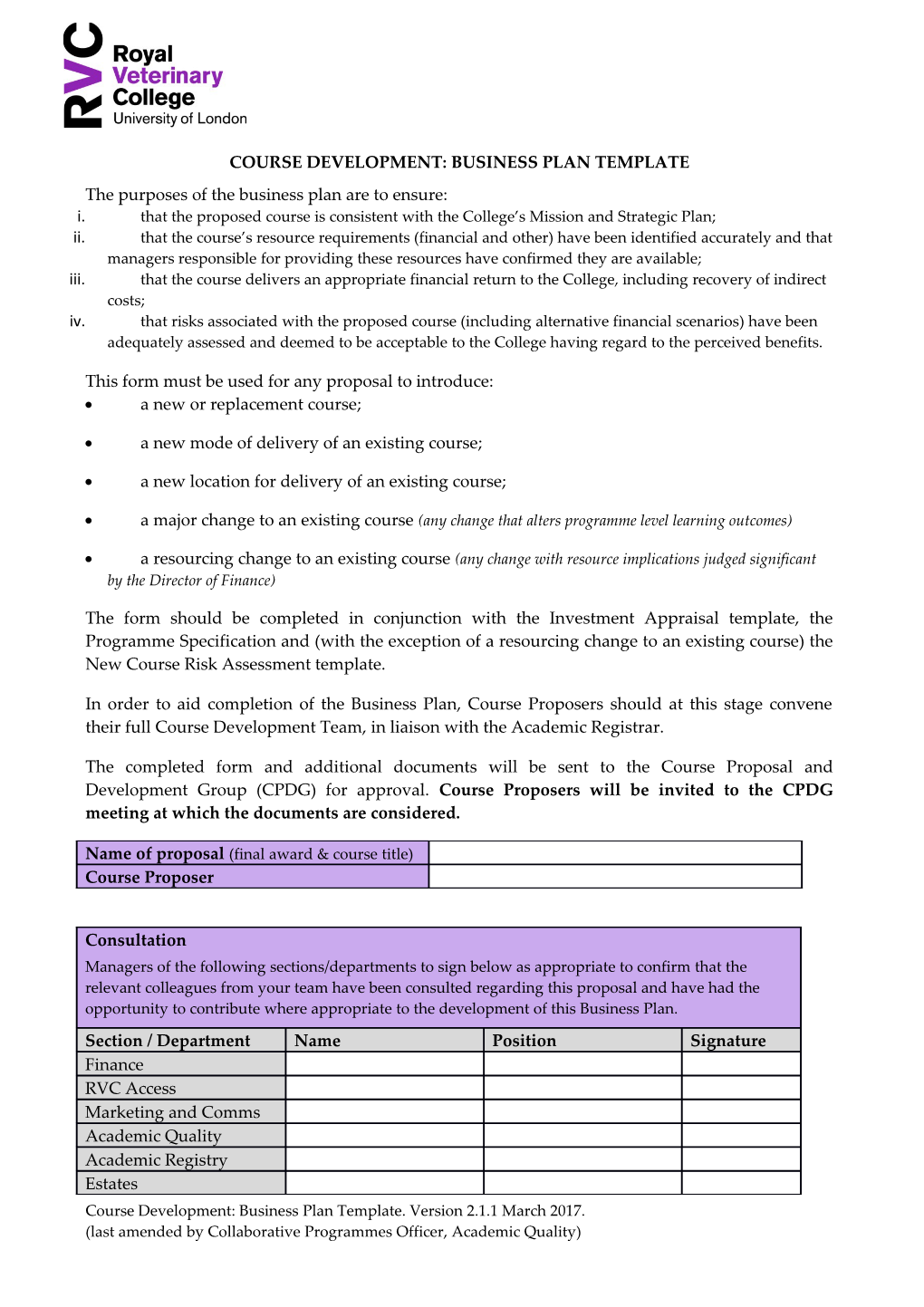 Course Development: Business Plan Template