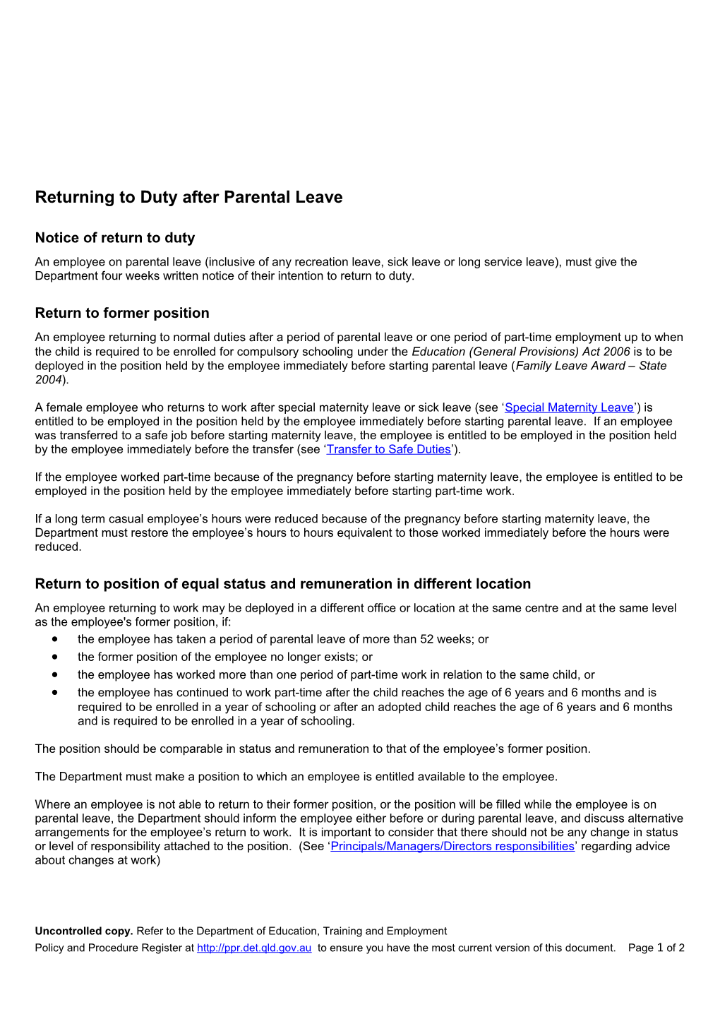 Returning to Duty After Parental Leave Information Sheet