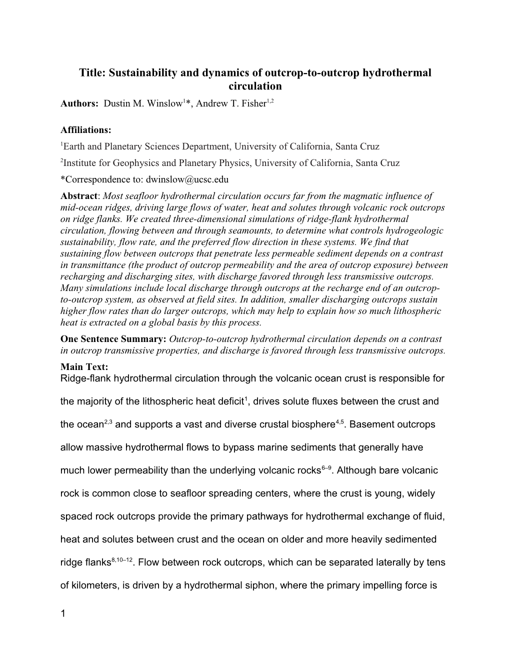 Title: Sustainability and Dynamics of Outcrop-To-Outcrop Hydrothermal Circulation
