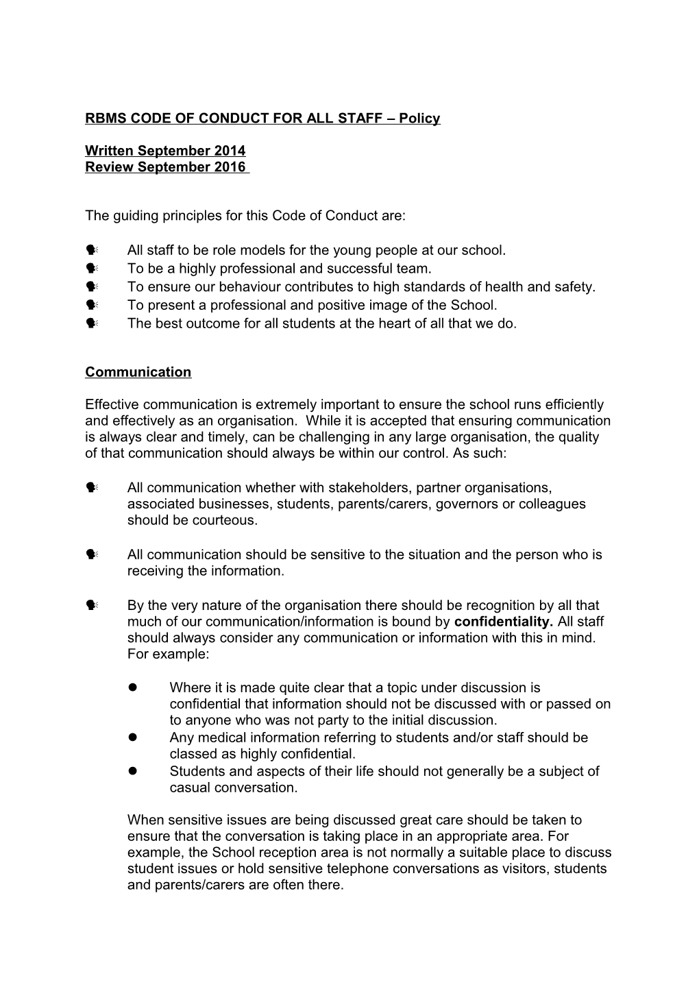 RBMS CODE of CONDUCT for ALL STAFF Policy