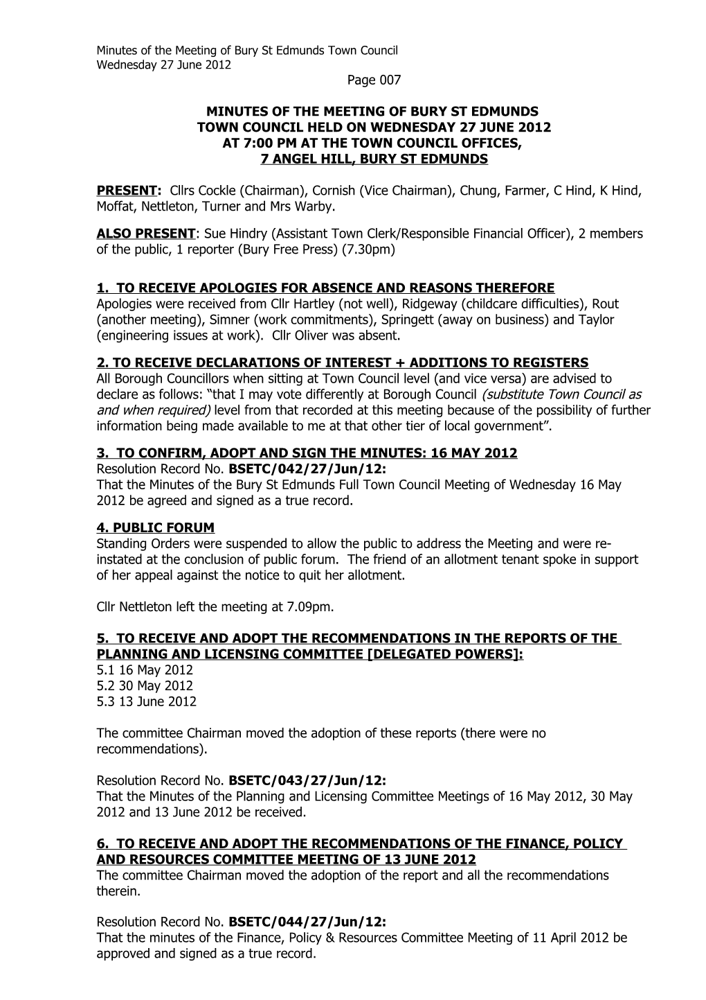 Minutes of the Meeting of Bury St Edmunds Town Council