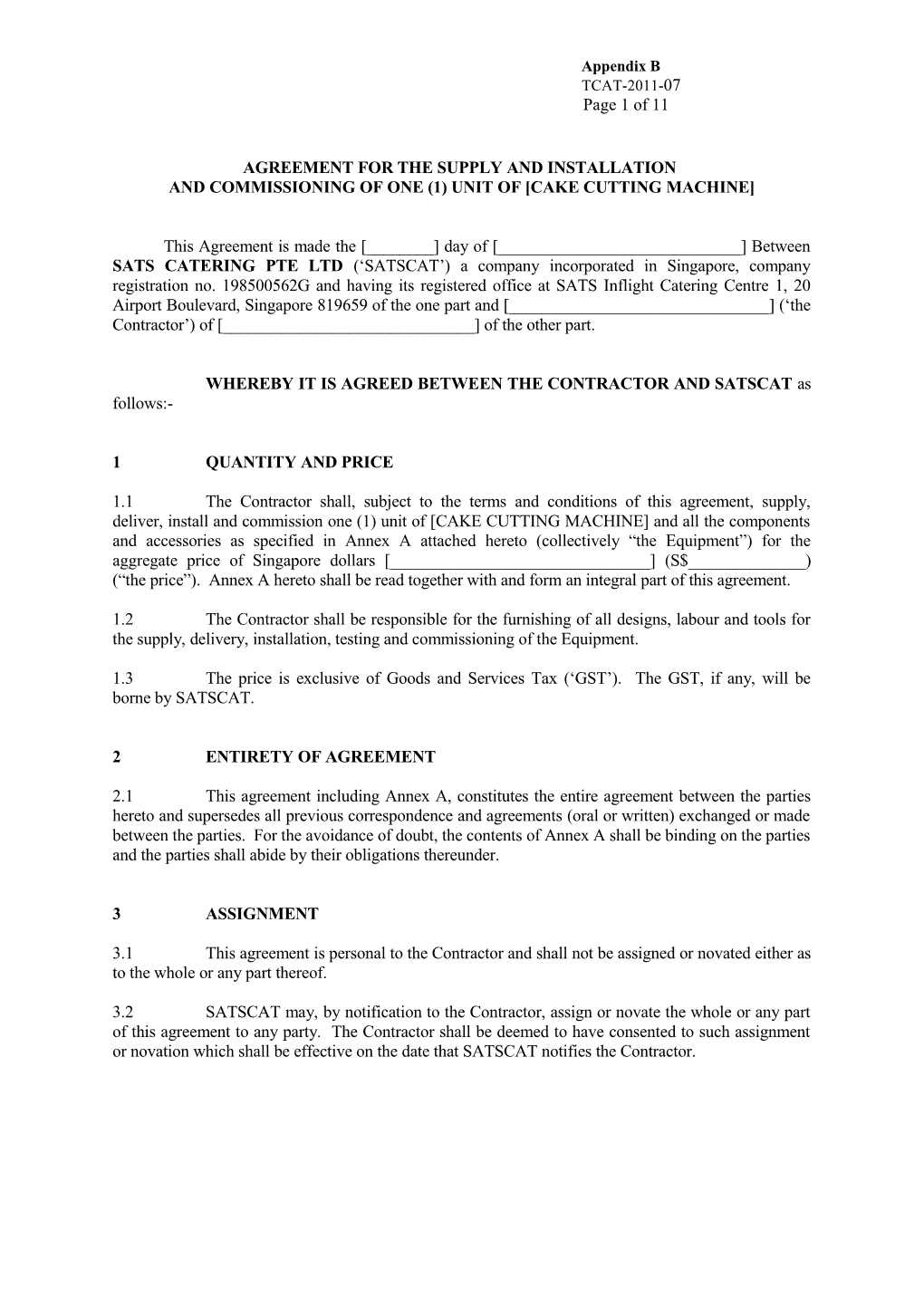 Agreement for the Supply and Installation