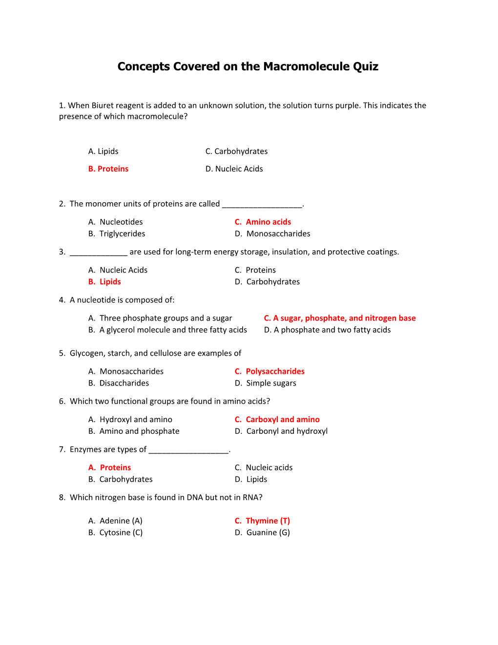 Concepts Covered on the Macromolecule Quiz