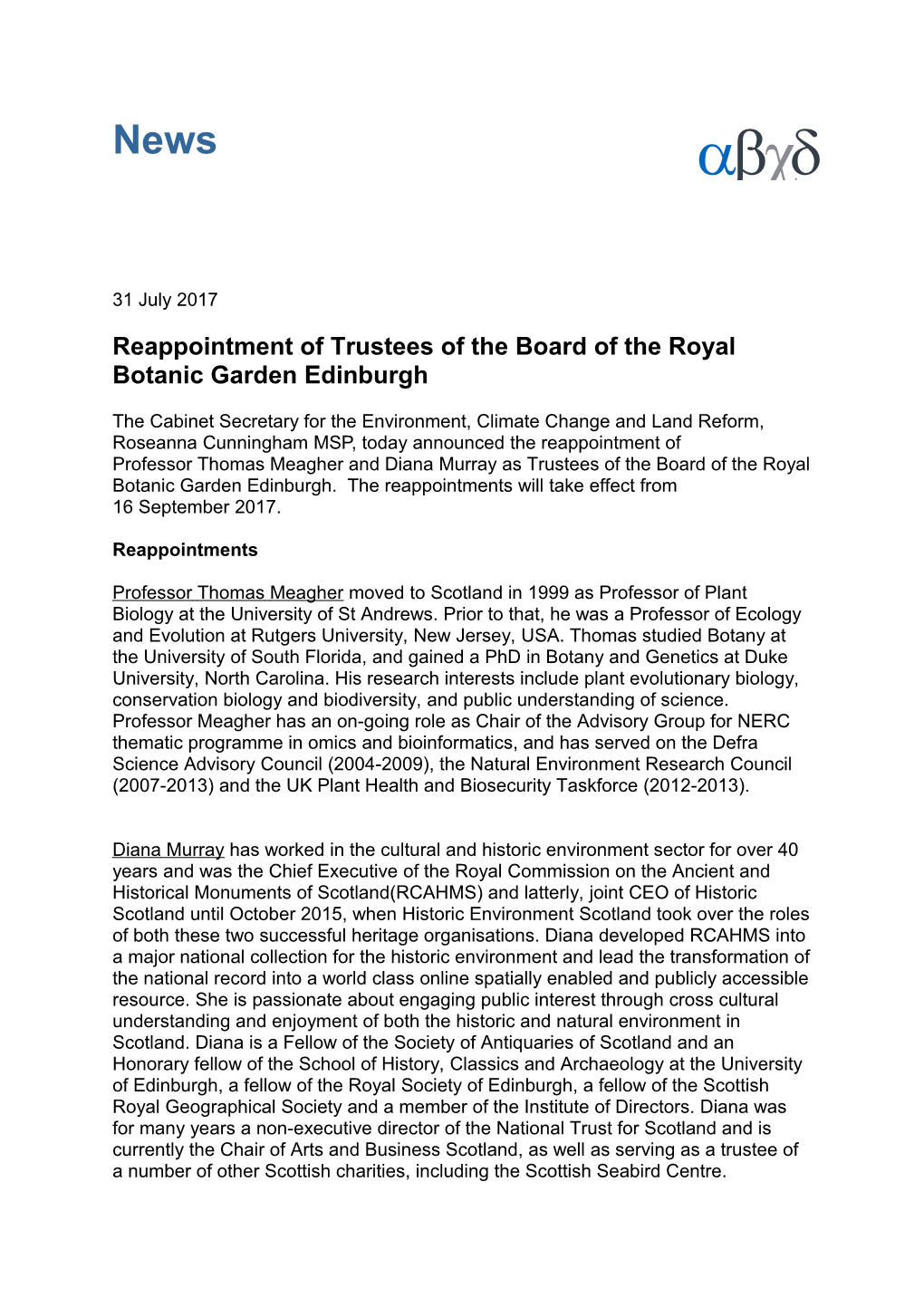 Reappointment of Trustees of the Board of the Royal Botanic Garden Edinburgh