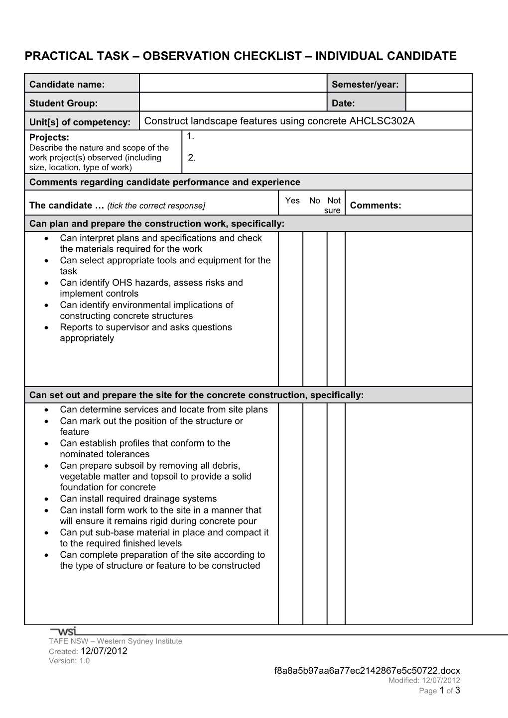 Practical Task Observation Checklist Individual Candidate