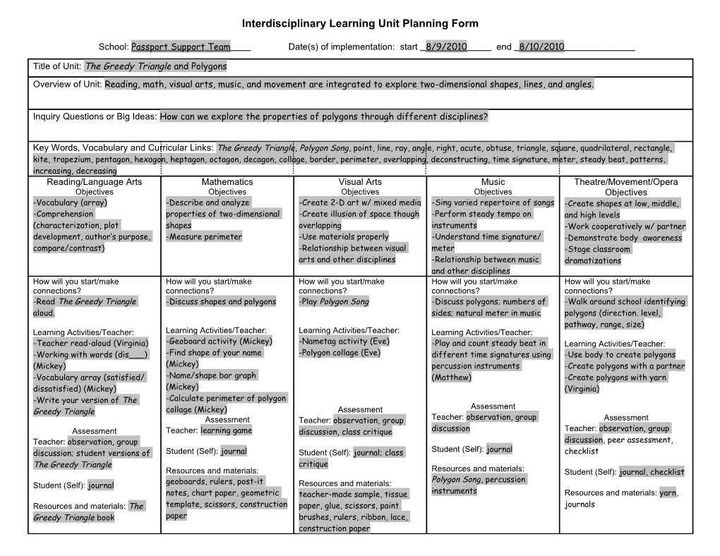 Integrated Curriculum Planning and Documentation Form