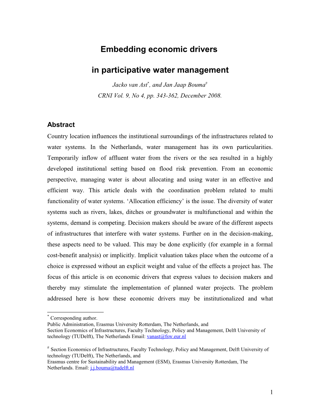 Embedding Economic Drivers Into Participative Water Management