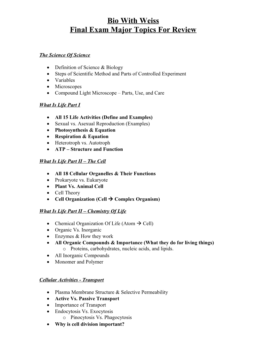 Final Exam Major Topics for Review