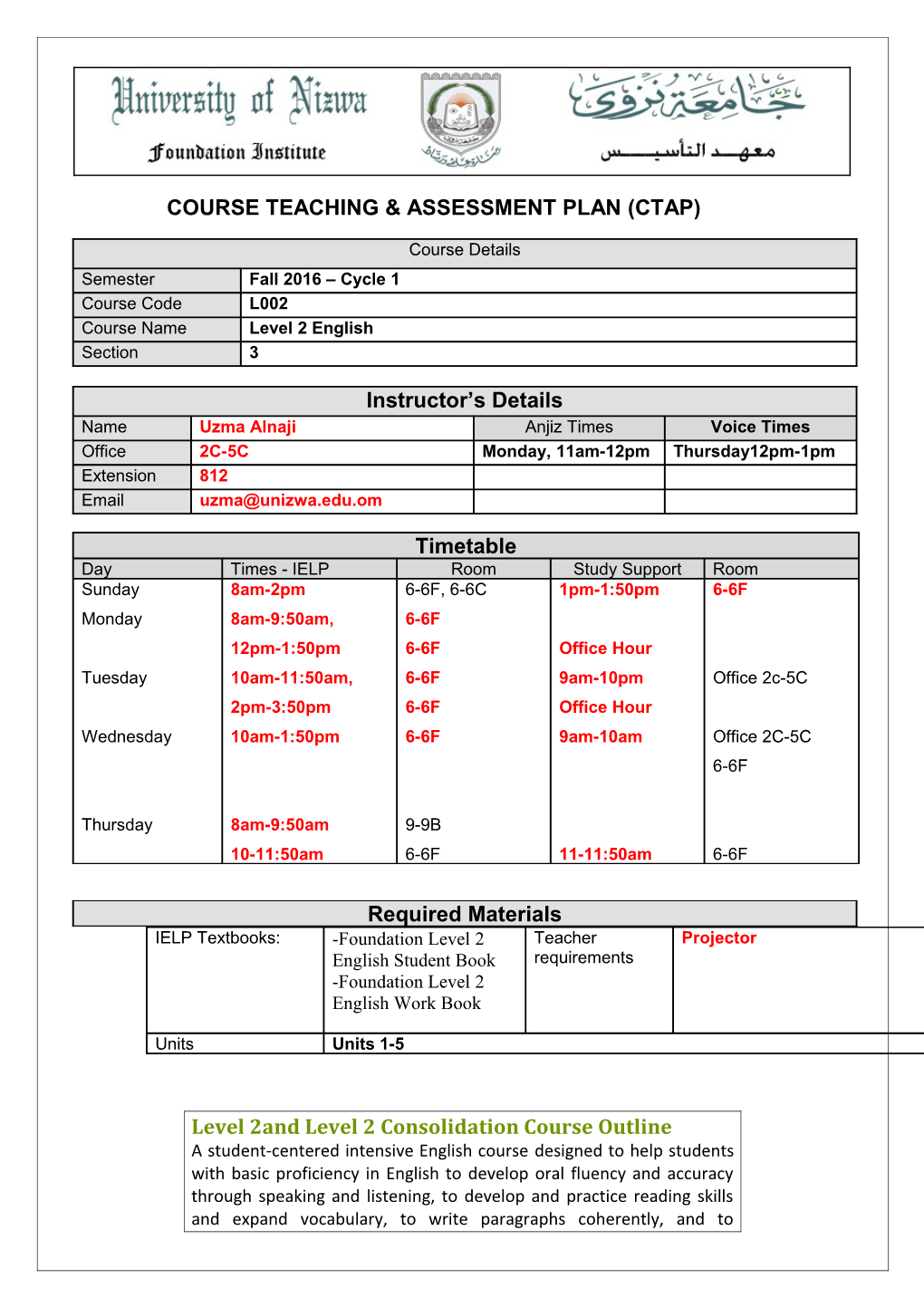 Course Teaching & Assessment Plan (Ctap)