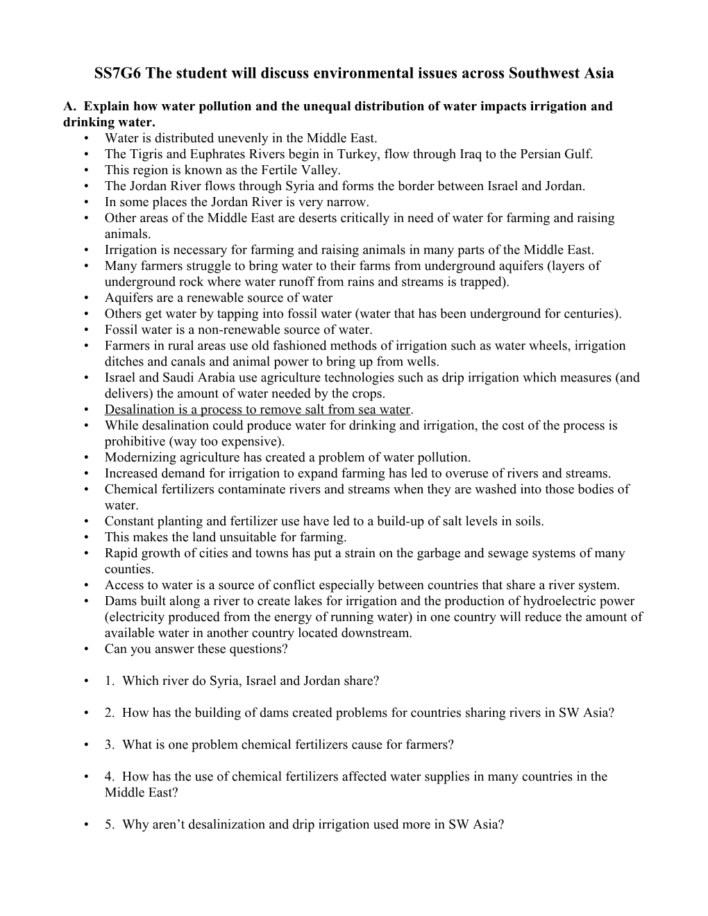 SS7G6 the Student Will Discuss Environmental Issues Across Southwest Asia