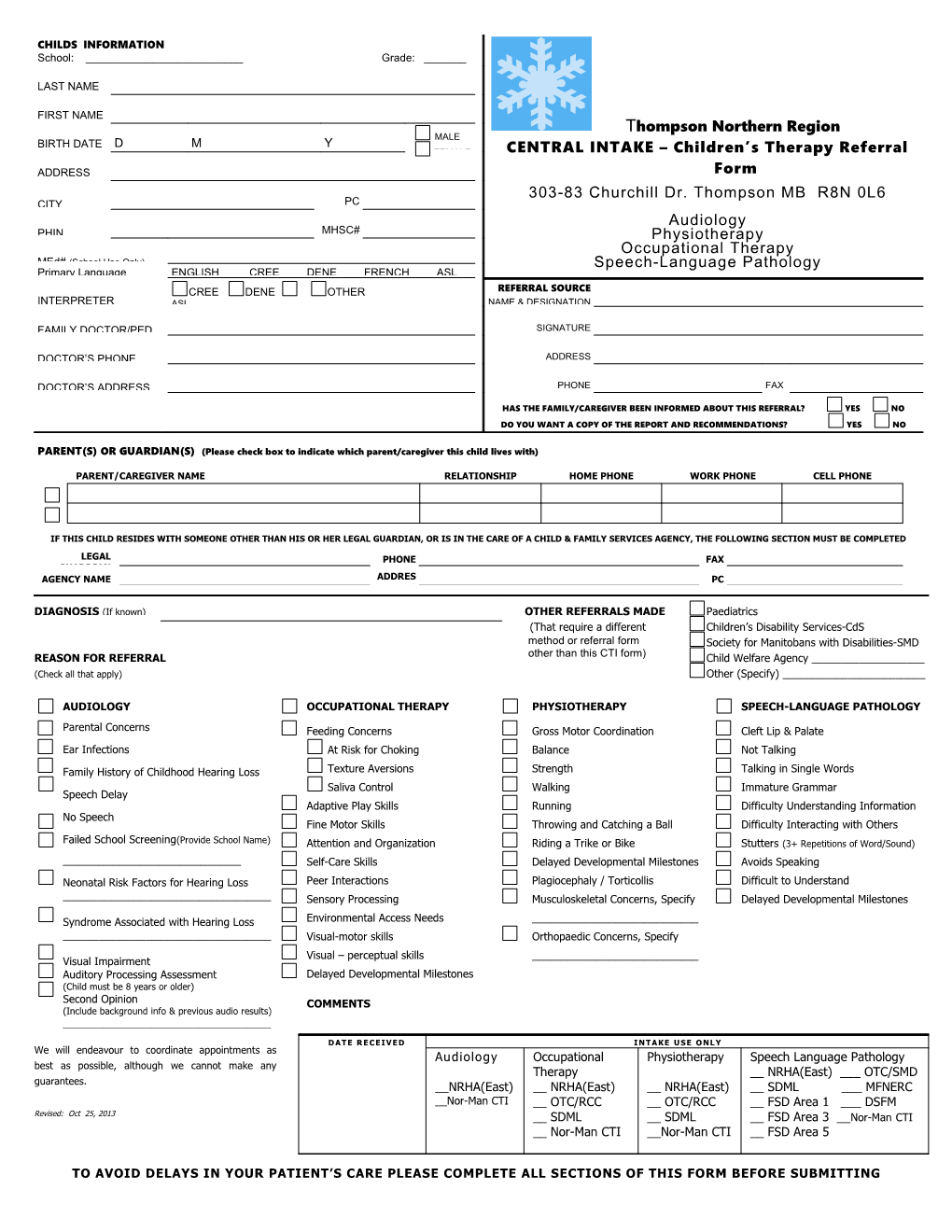CENTRAL INTAKE Children S Therapy Referral Form
