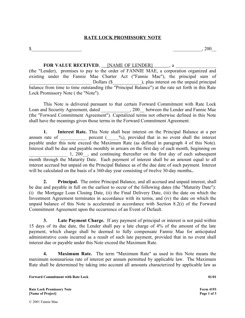 Rate Lock Promissory Note