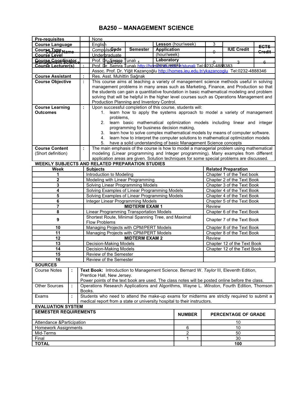 Weekly Subjects and Related Preparation Studies