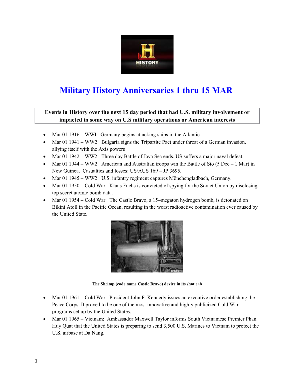Events in History Over the Next 15 Day Period That Had U.S. Military Involvement Or