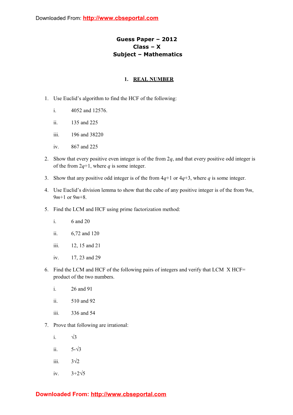 Guess Paper 2012 Class X Subject Mathematics
