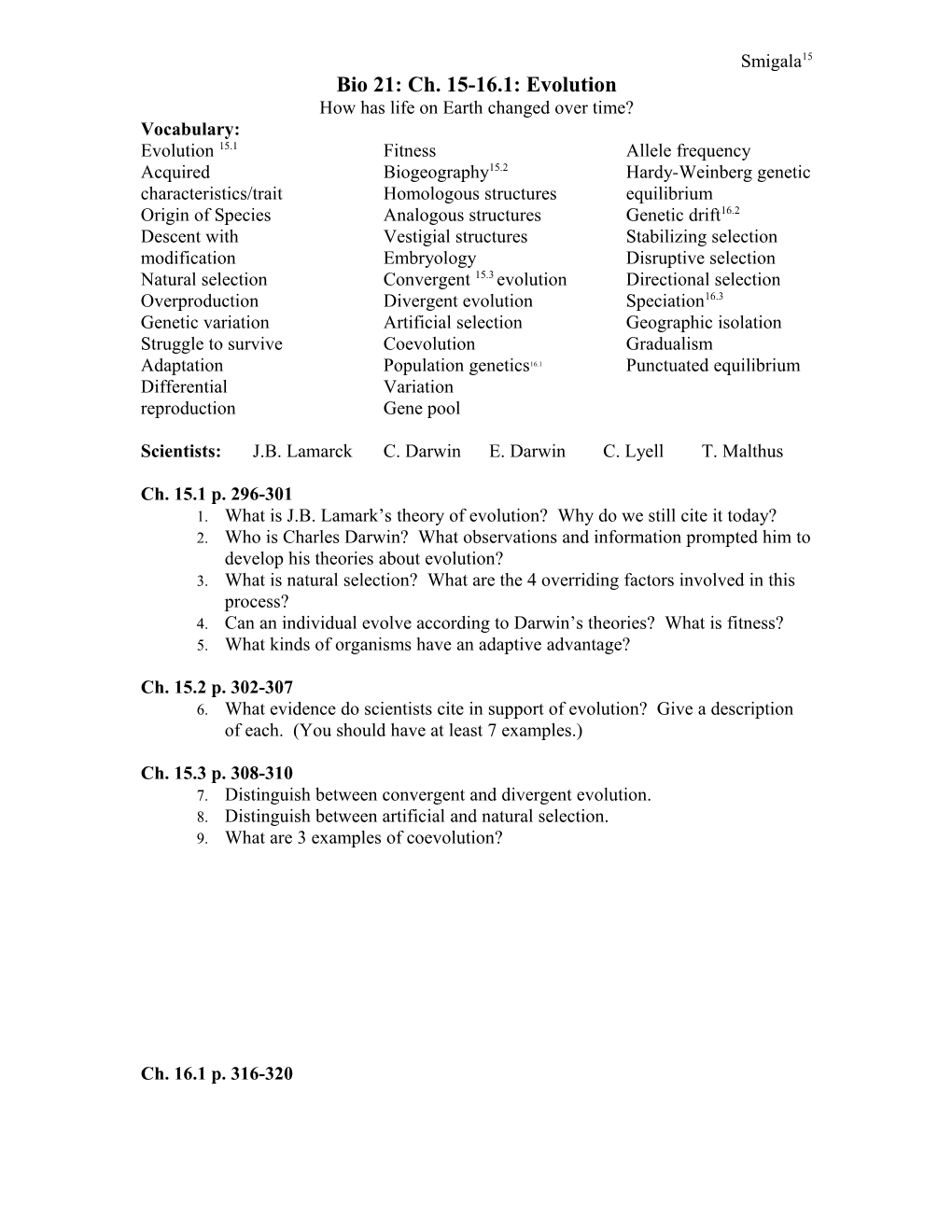 Bio 21: Ch. 15-16.1: Evolution