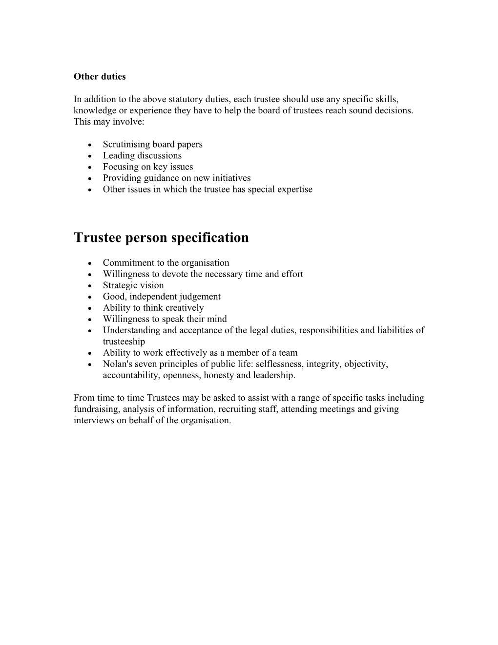 Sample Trustee Job Description