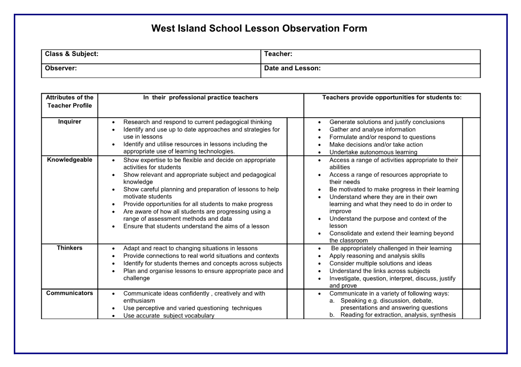 West Island School Lesson Observation Form