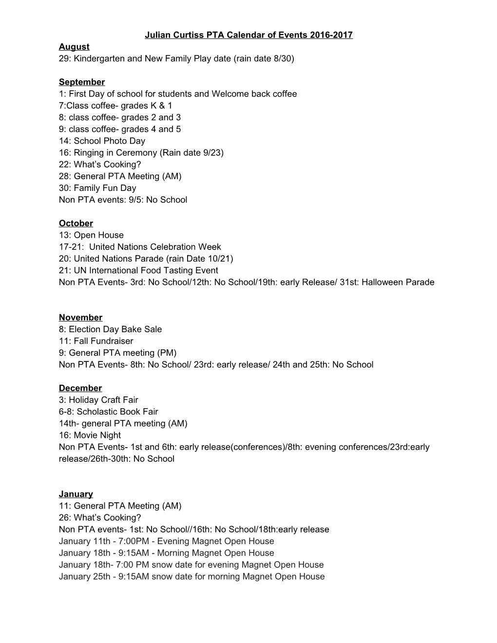 Julian Curtiss PTA Calendar of Events 2016-2017