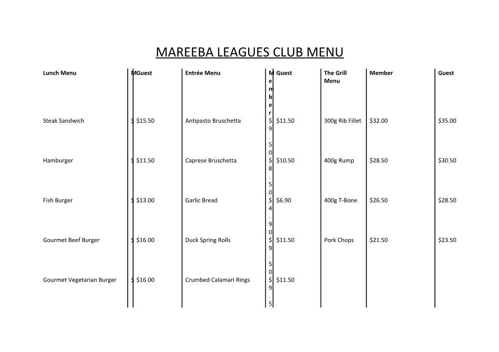 Mareeba Leagues Club Menu