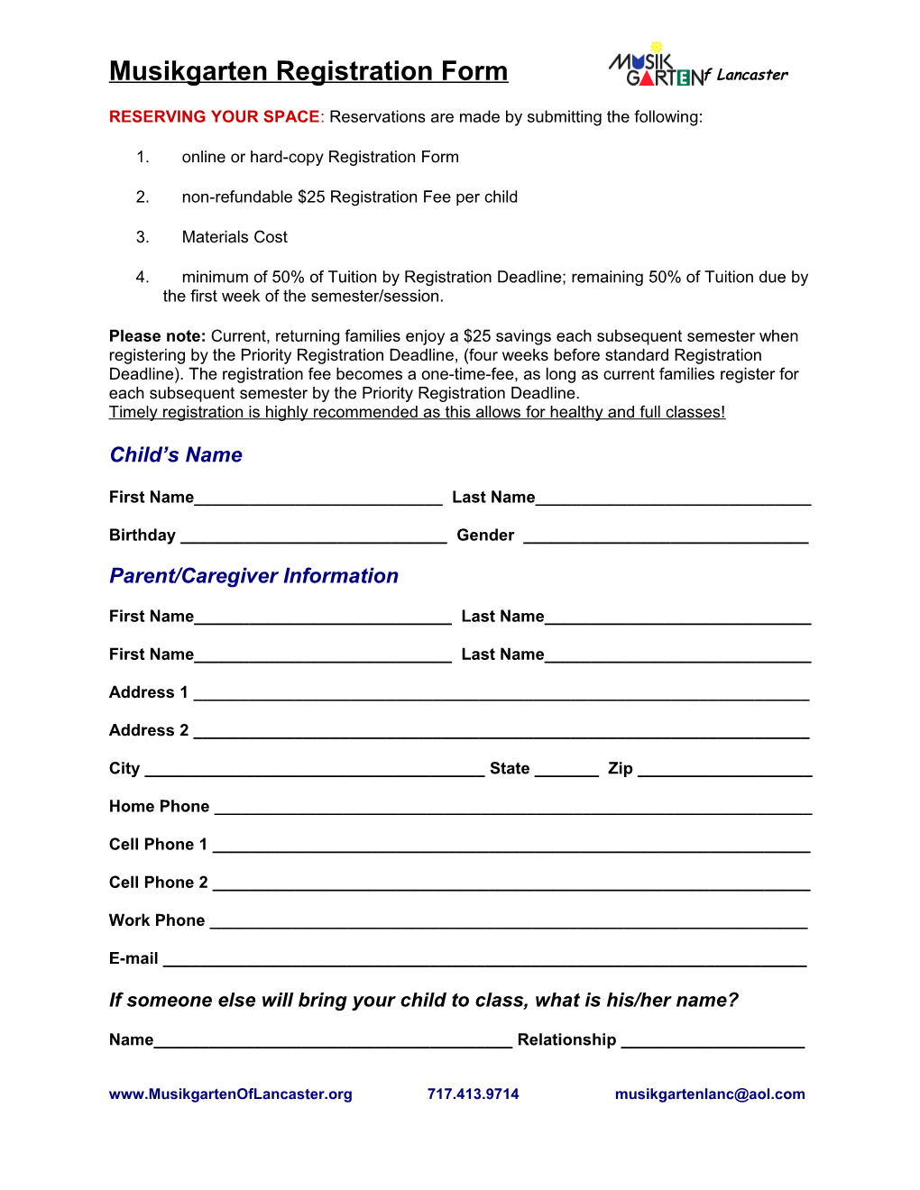 Musikgarten of Lancaster Registration Form