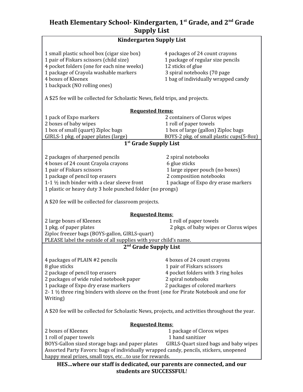 Heath Elementary School- Kindergarten, 1St Grade, and 2Nd Grade Supply List