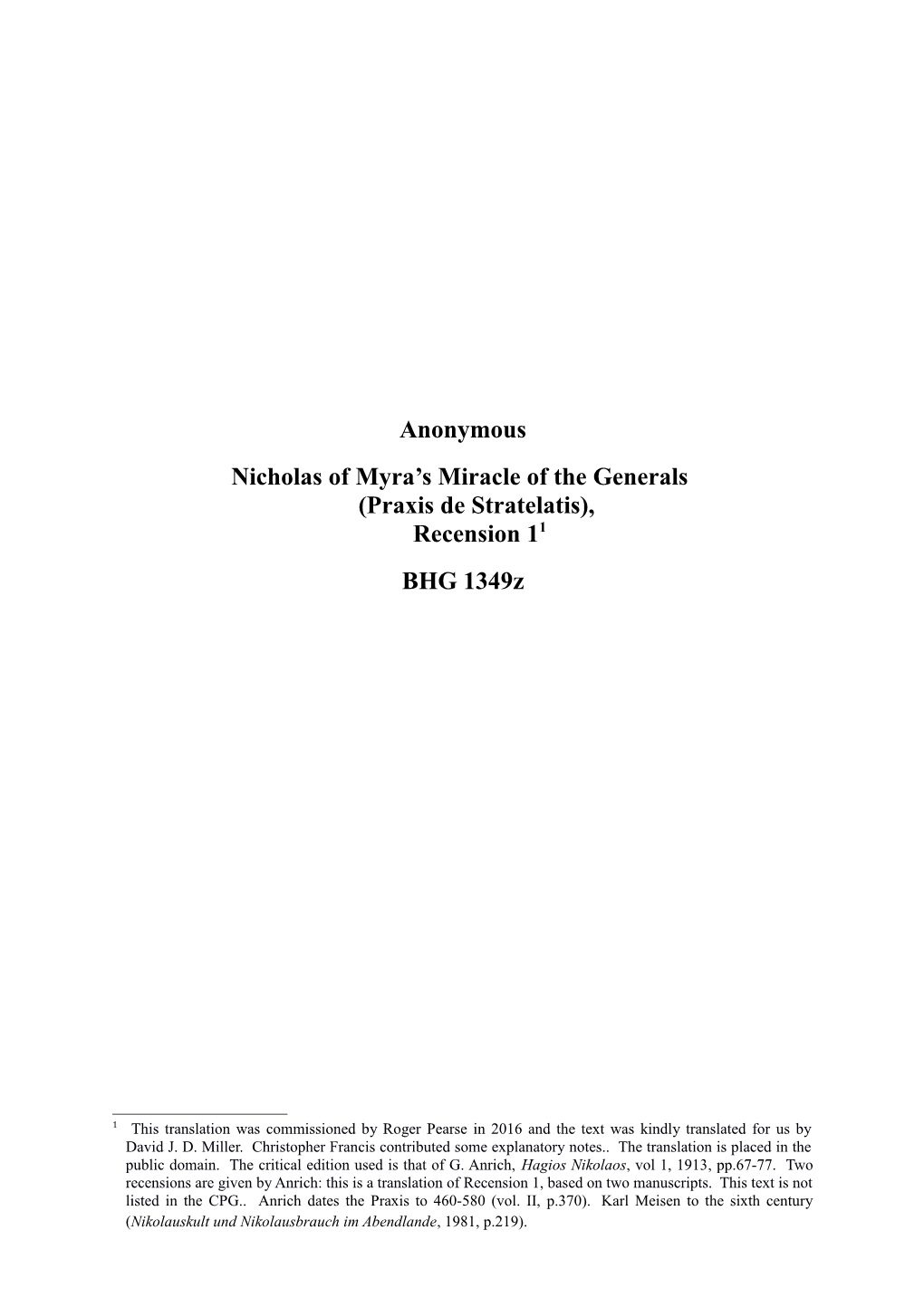 Nicholas of Myra S Miracle of the Generals(Praxis De Stratelatis), Recension 1 1