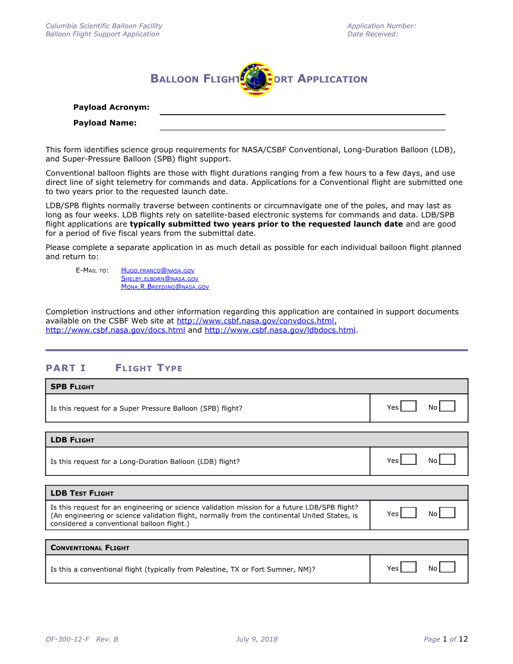 Columbia Scientific Balloon Facilityapplication Number