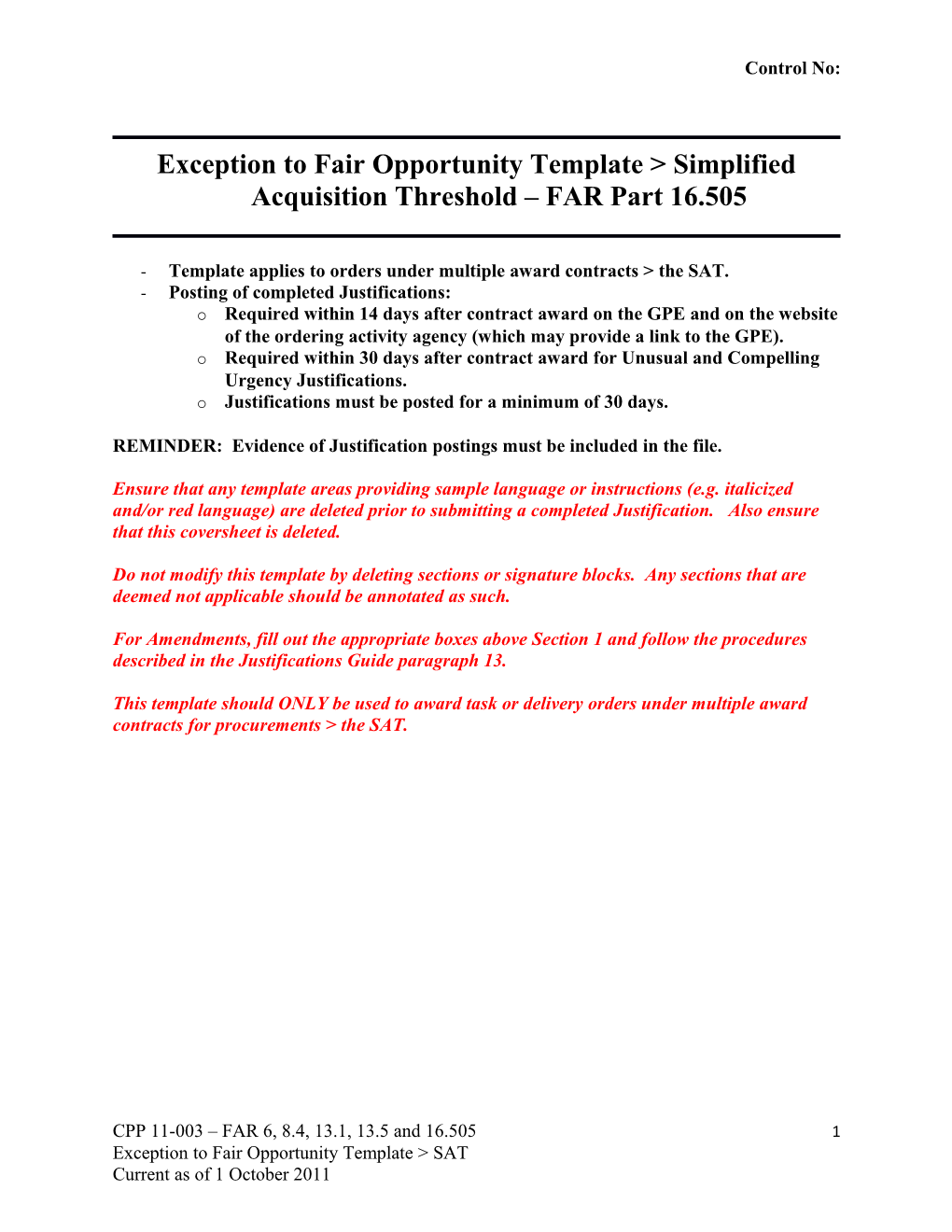Exception to Fair Opportunity Template &gt; Simplified Acquisition Threshold FAR Part 16.505